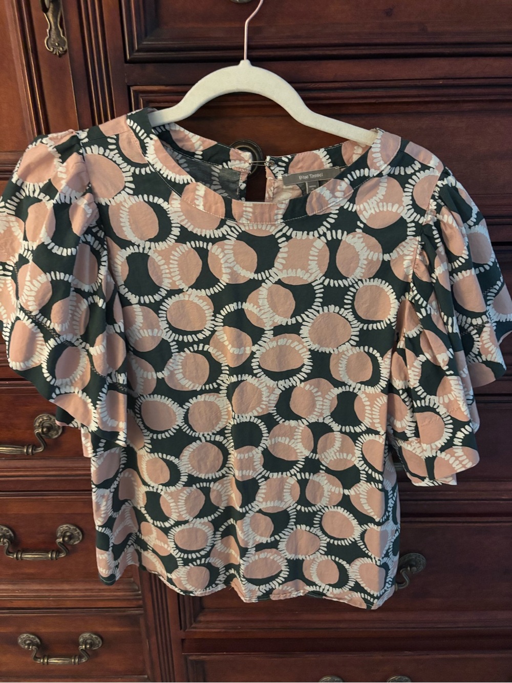 Anthropologie blue tassel Pink and green Dot Short-Sleeve Women's Top.